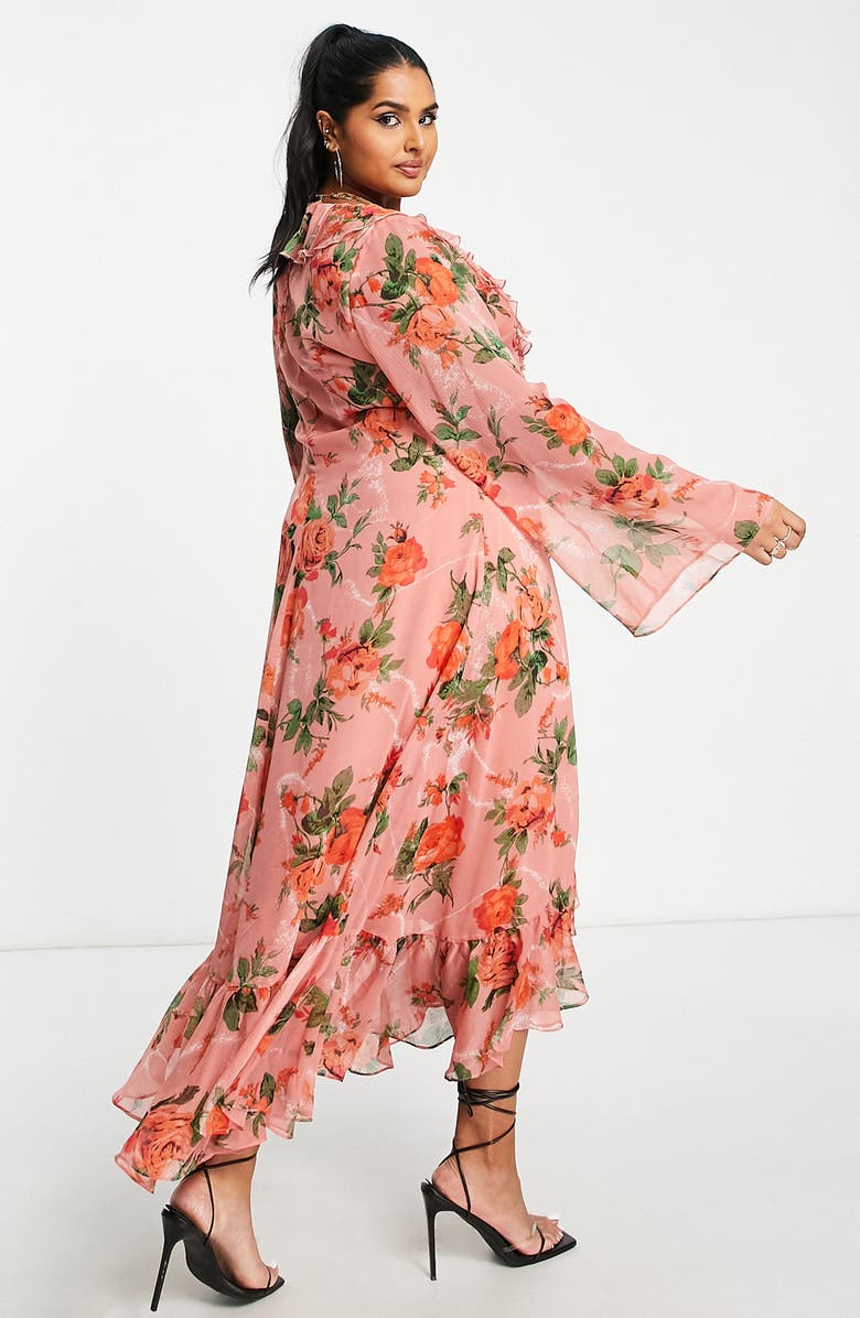 ASOS DESIGN Curve Rose Print Long Sleeve Midi Dress, Alternate, color, 