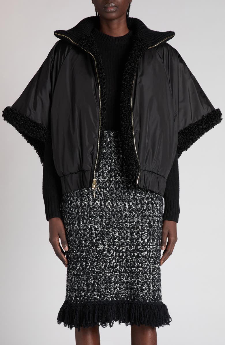 Moncler Mixed Media Reversible Cape, Alternate, color, Black