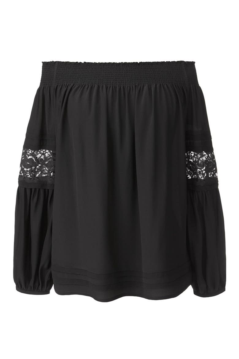 Olivia Palermo + Chelsea28 Silk Off the Shoulder Peasant Top, Alternate, color, BLACK