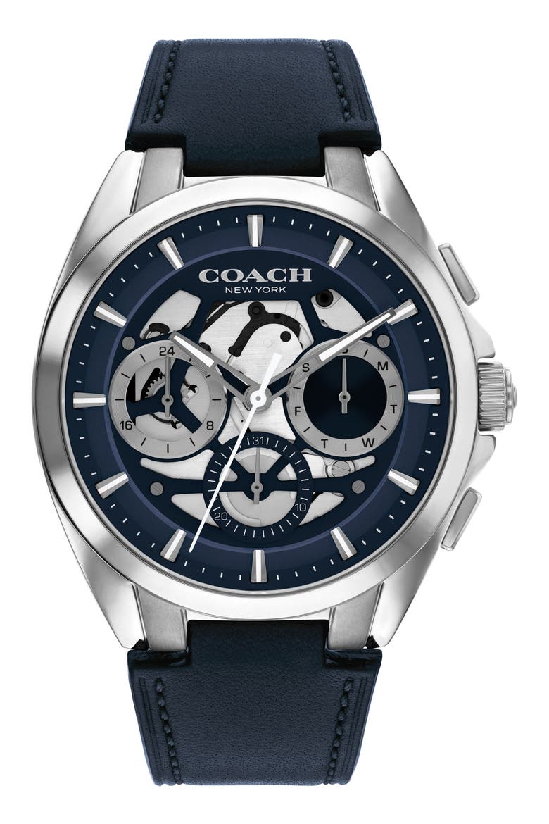 Jackson Multifunction Leather Strap Watch, 41.5mm, Main, color, NAVY