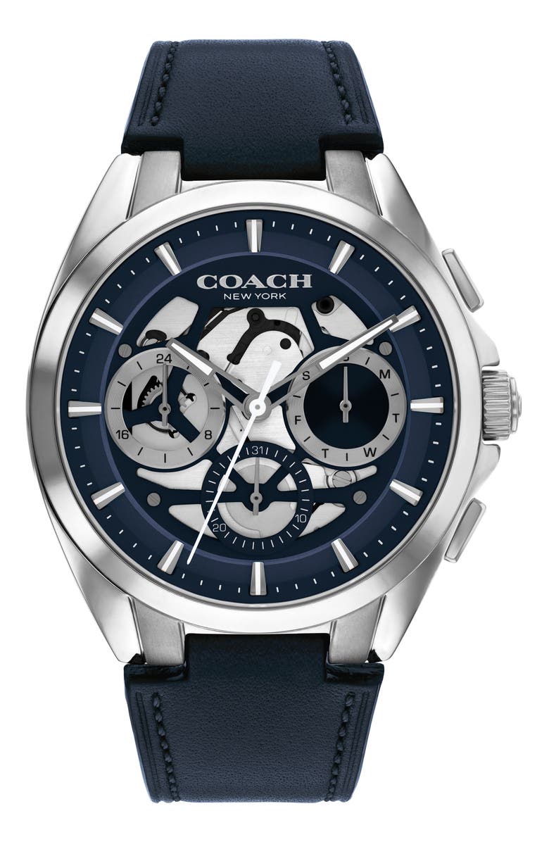 COACH Jackson Multifunction Leather Strap Watch, 41.5mm, Main, color, Navy