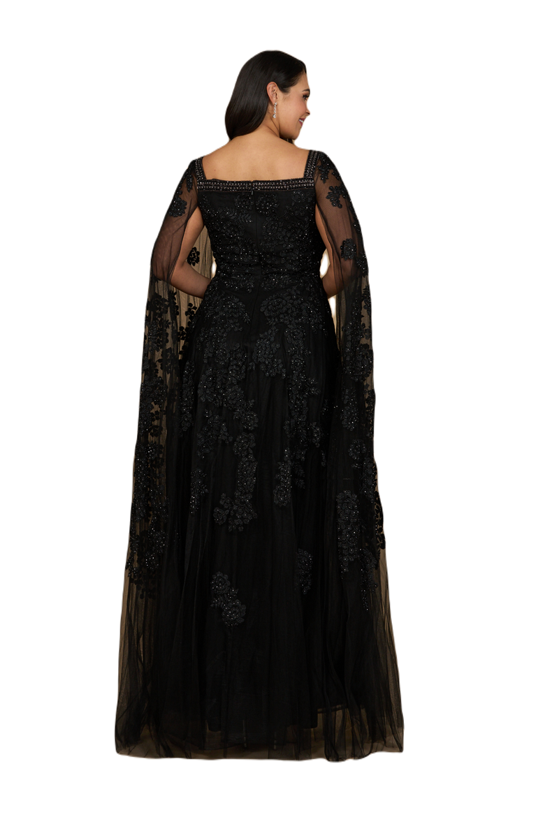 Lace Embroidered Gown with Long Cape Sleeves, Alternate, color, Black