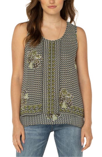 Liverpool Geo Floral Print Double Layer Woven Top In Green