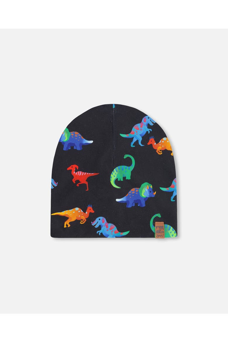 Stretch Jersey Dinosaur Print Beanie, Main, color, Black Dinosaur Print