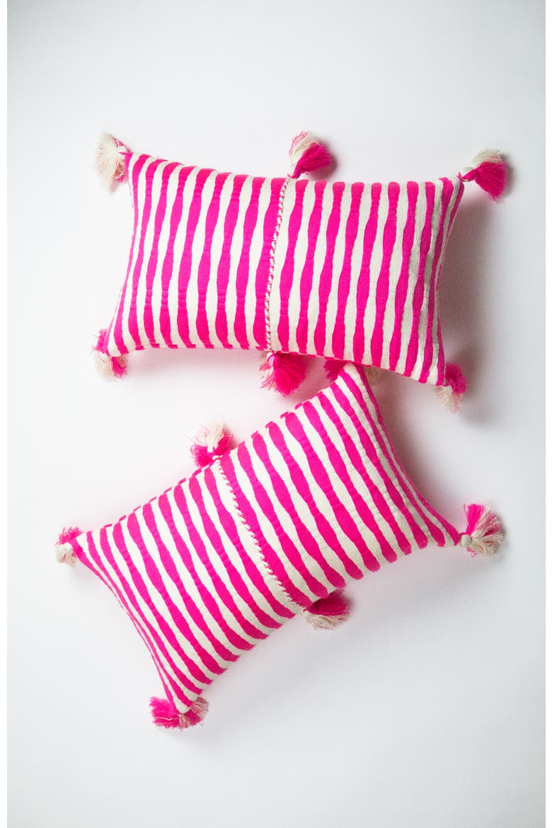 Antigua Neon Striped Handwoven Cotton Throw Pillow, Alternate, color, Neon Pink and Ivory