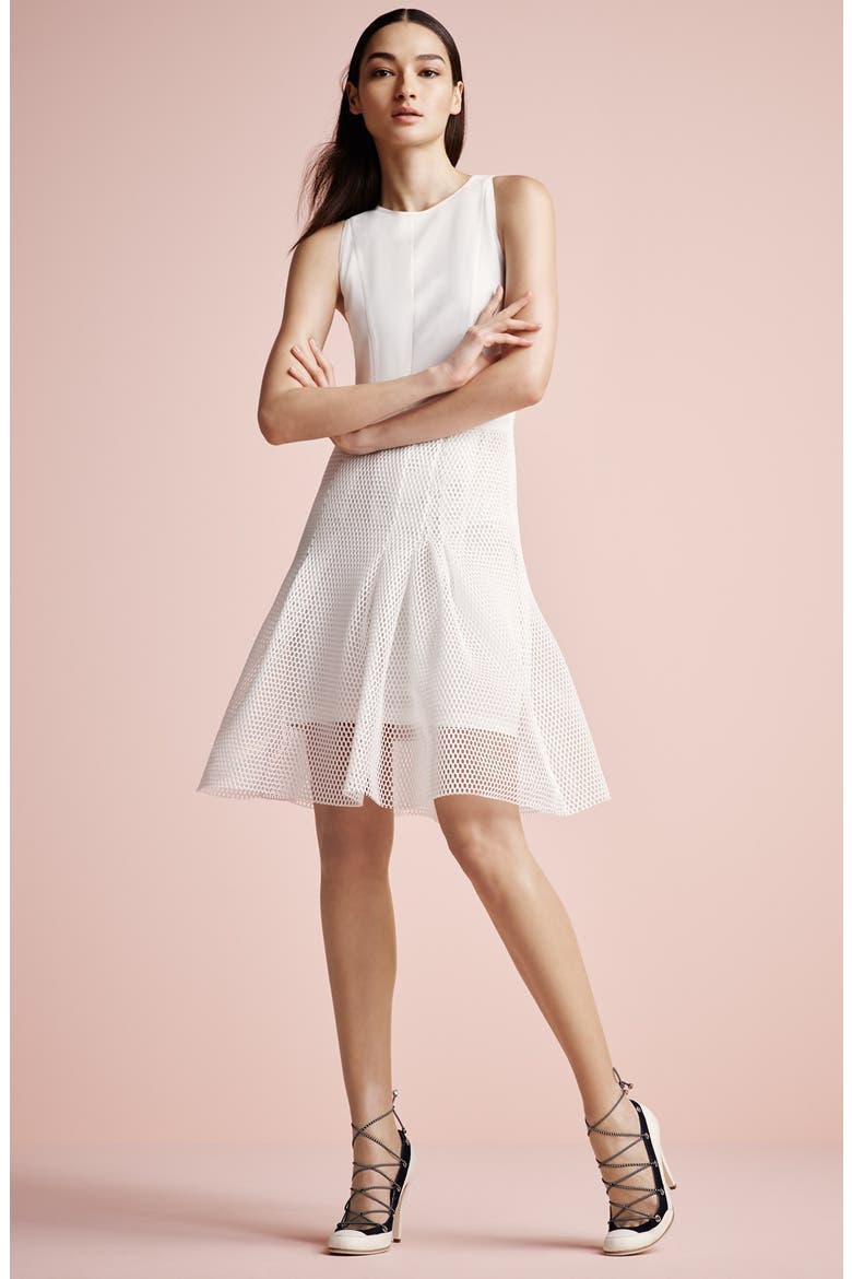Mesh Overlay Keyhole Back Sheath Dress, Alternate, color, CREME