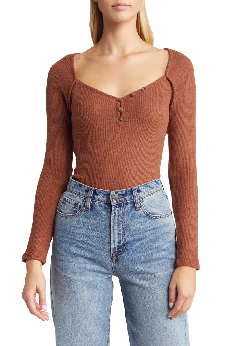Loveappella V-Neck Long Sleeve Henley Top, Main, color, Rust
