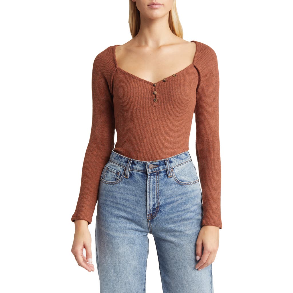 Loveappella V-neck Long Sleeve Henley Top In Brown