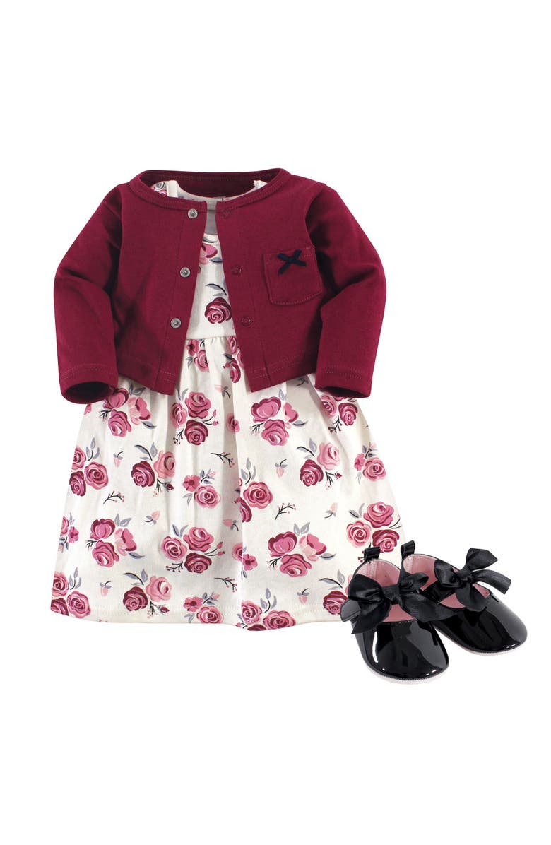 Hudson Baby Cotton Dress, Cardigan and Shoe Set, Main, color, Rose