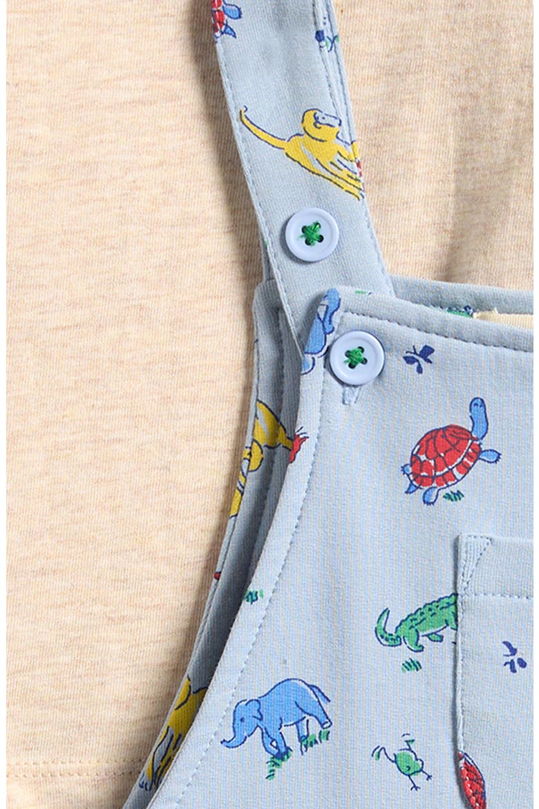 Stretch Cotton Animal Print Overalls & T-Shirt Set, Alternate, color, BLUE JUNGLE ANIMALS
