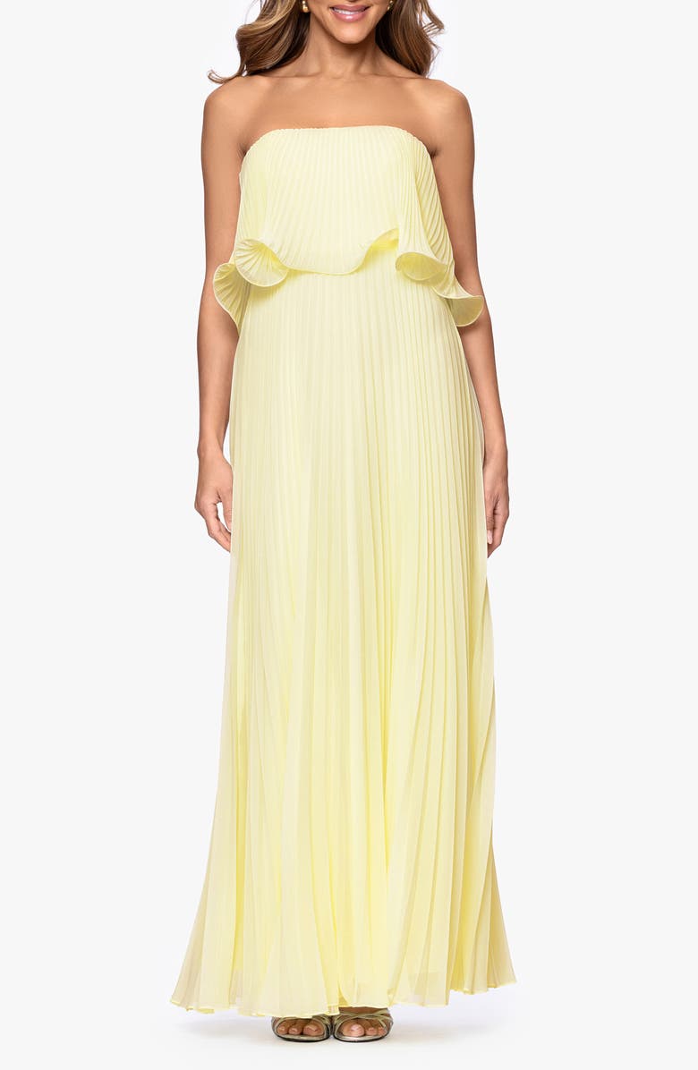 Betsy & Adam Pleated Strapless Chiffon Gown, Main, color, Butter