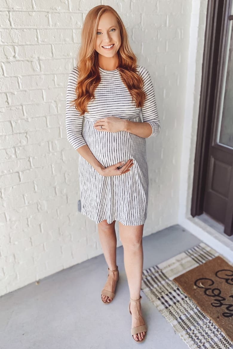 Ribbed Striped Pleated Midi Dress, Alternate, color, Ivory