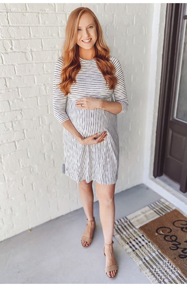 PinkBlush Ribbed Striped Pleated Midi Dress, Alternate, color, Ivory