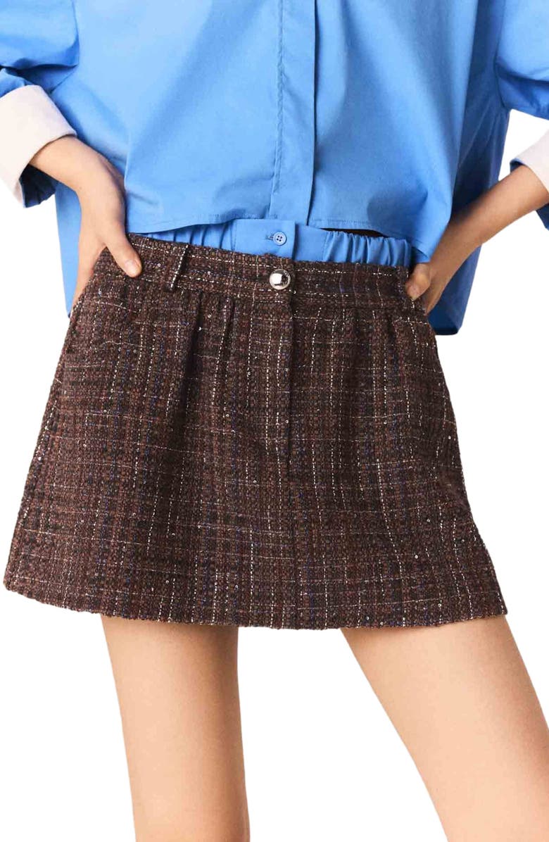 maje Tweed shorts with elasticated waistband, Alternate, color, Brown