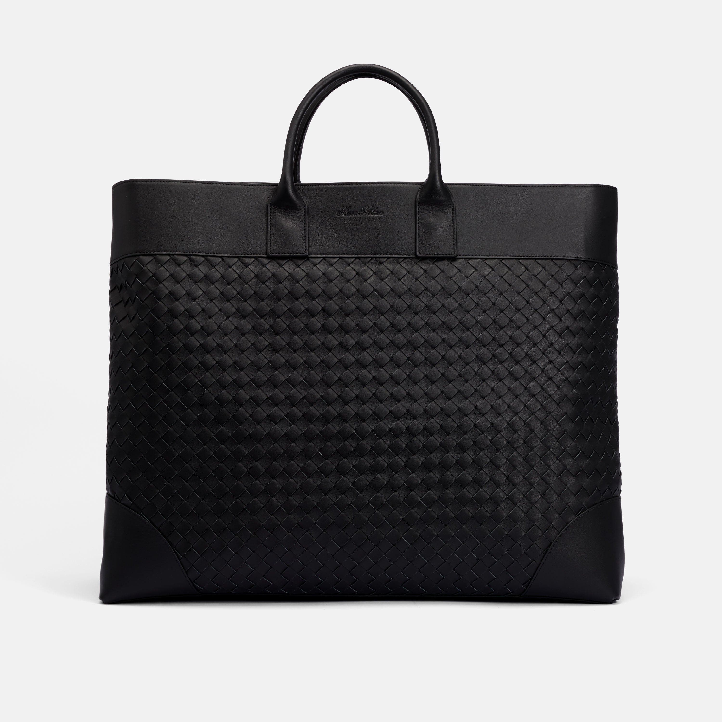 Large Woven Calfskin Leather Weekender, Main, color, Black