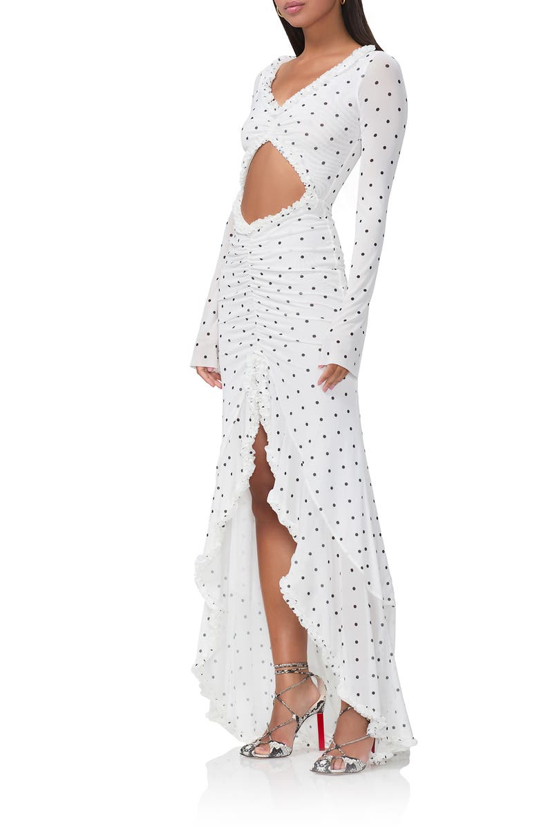 AFRM Cat Ruched Semisheer Long Sleeve Cutout High-Low Hem Maxi Dress, Alternate, color, Blanc Micro Dot