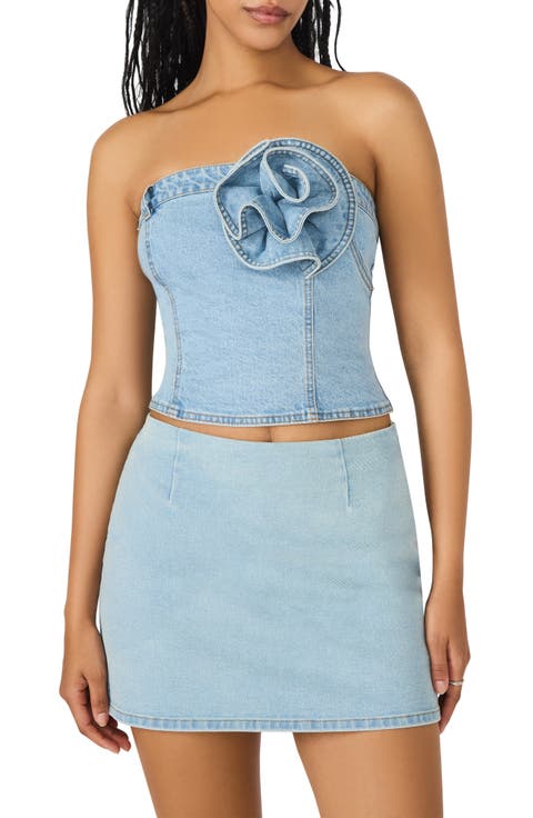 Rosette Strapless Denim Bustier Top