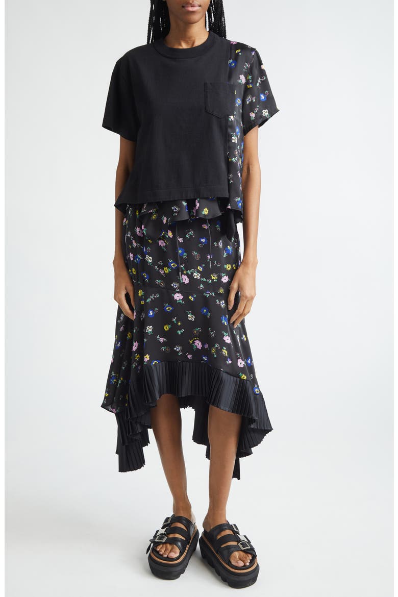 Mixed Media Cotton Jersey & Floral Satin Pocket T-Shirt, Alternate, color, BLACK/ BLACK
