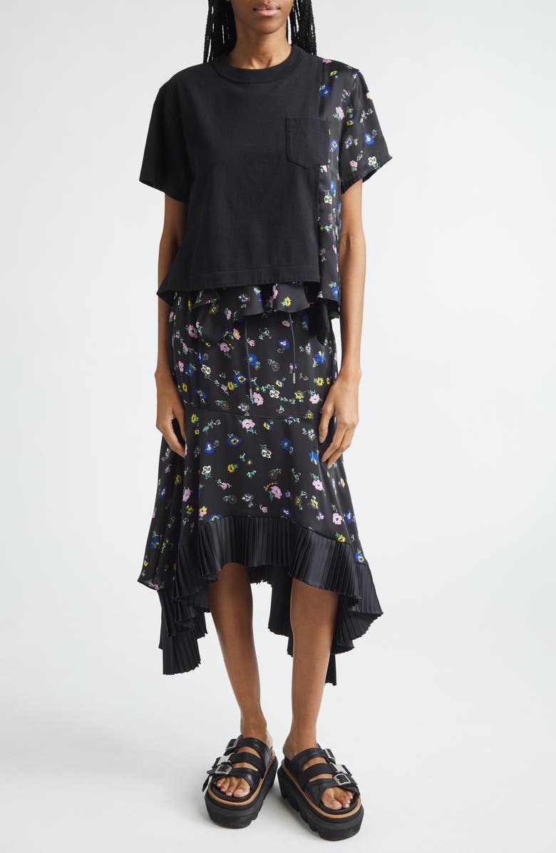 Sacai Mixed Media Cotton Jersey & Floral Satin Pocket T-Shirt, Alternate, color, Black/ Black