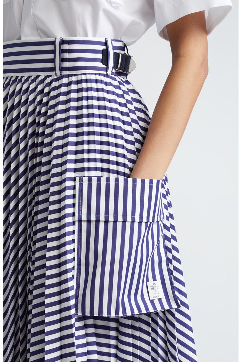 x Thomas Mason Pleated Poplin Cargo Skirt, Alternate, color, NAVY STRIPE