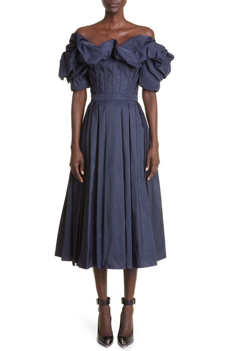 McQueen Off the Shoulder Faille Corset Dress, Main, color, 