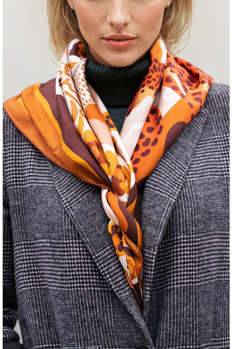 Double Sided Silk Scarf Of Leopards With Floral Fountain, Alternate, color, Brown