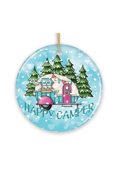 Happy Camper Retro Trailer Winter Ceramic Ornament