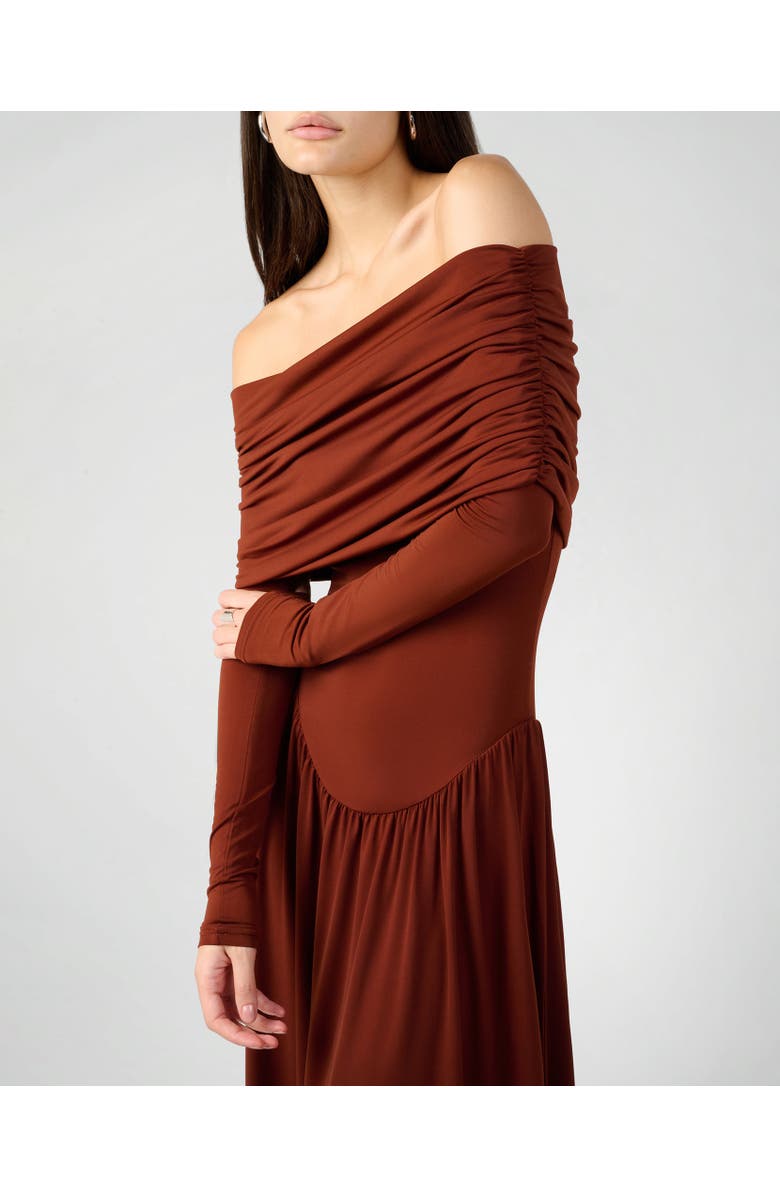 WeWoreWhat Off Shoulder Ruched Midi Dress, Alternate, color, Burgundy