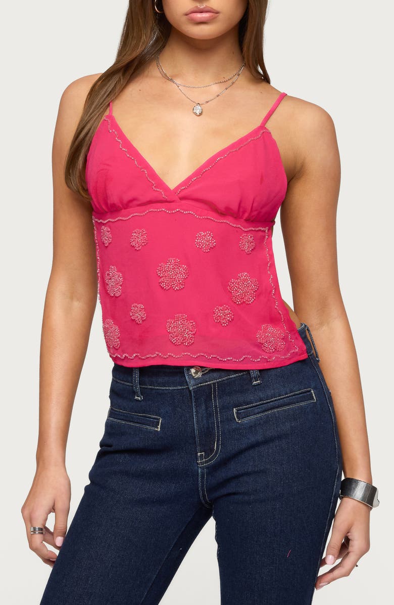 EDIKTED Kazi Beaded Open Back Camisole, Main, color, Fuchsia