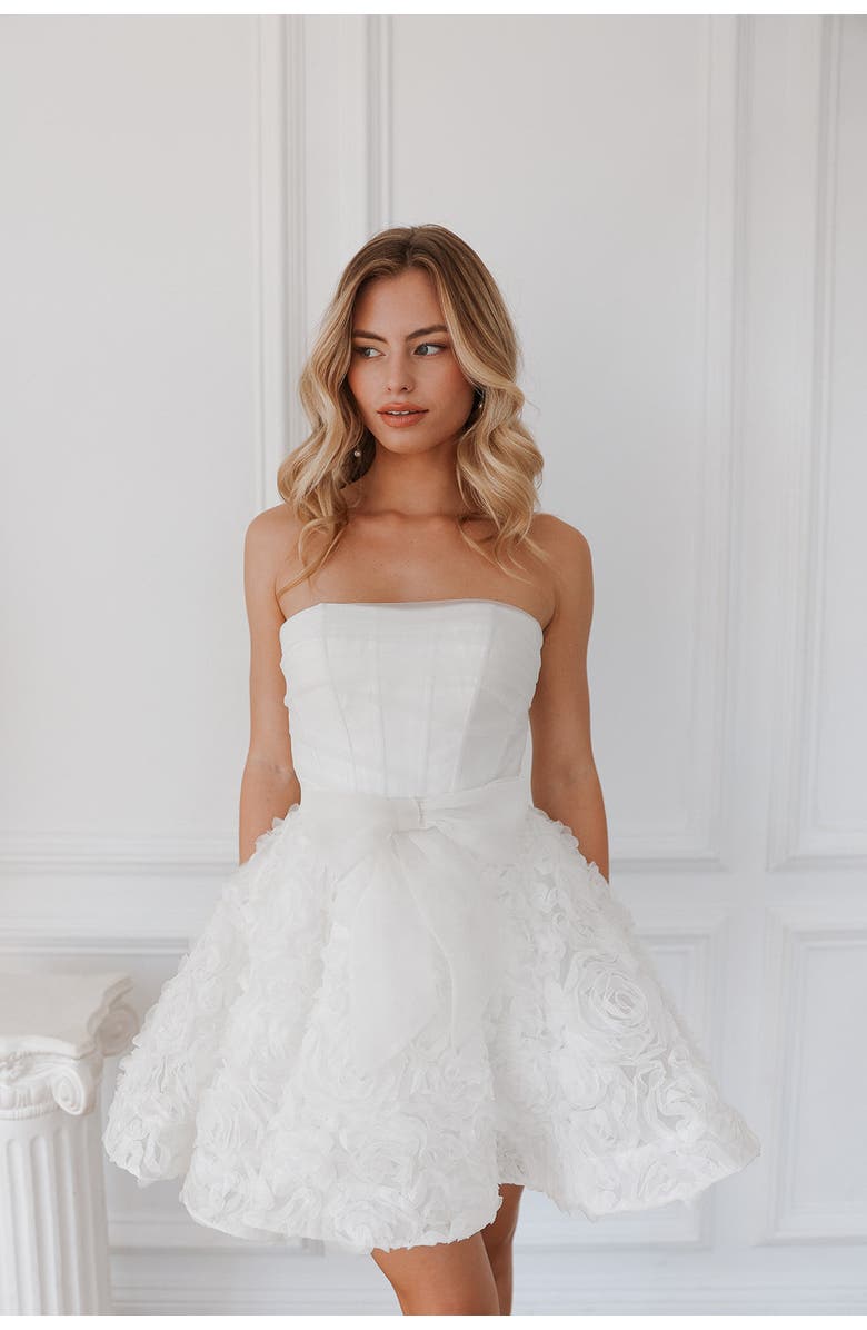 Untamed Petals Delancey Bow Mini Dress, Main, color, Ivory