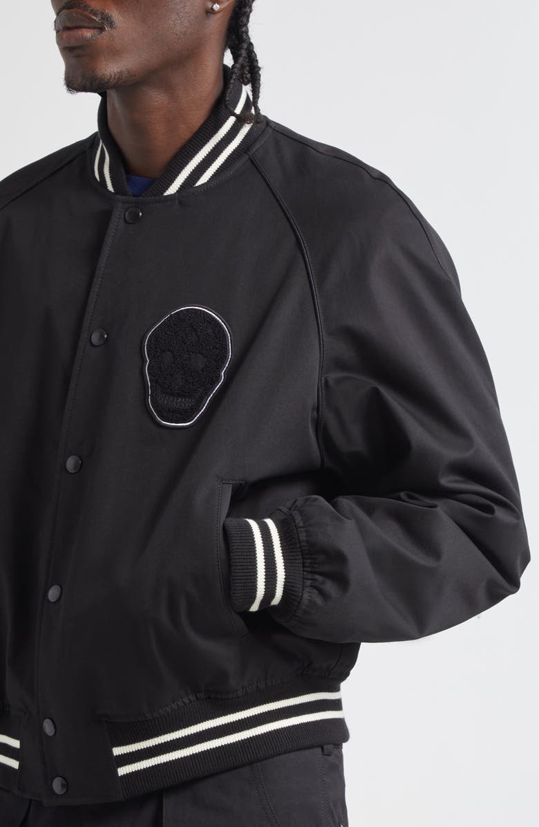 McQueen Skull Patch Varsity Bomber Jacket, Alternate, color, Black