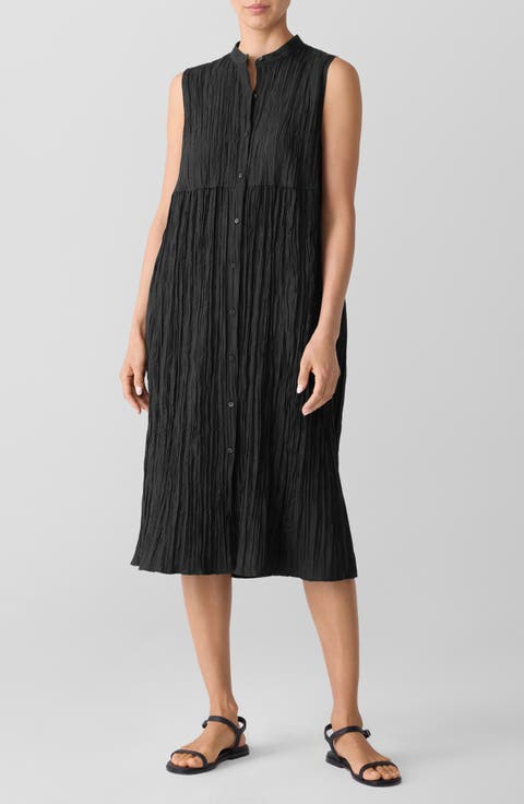 Pleated Sleeveless Silk Shirtdress