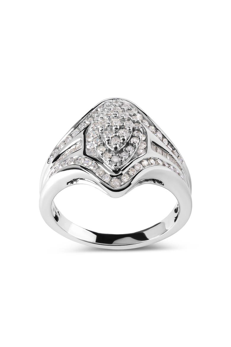 14K White Gold 3/4 Cttw Round and Baguette cut Diamond Cluster Ring, Alternate, color, White Gold