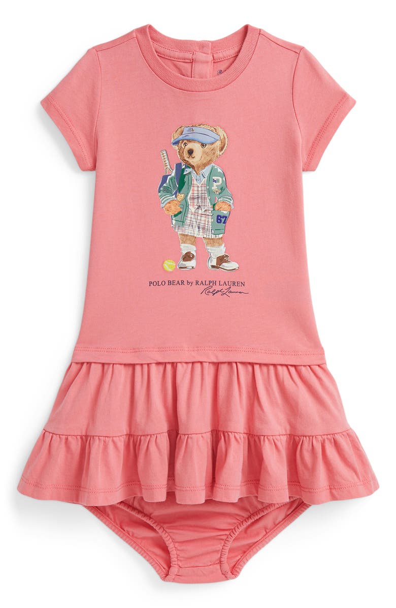 Ralph Lauren Tennis Bear Tiered Cotton Graphic Dress & Bloomers, Main, color,