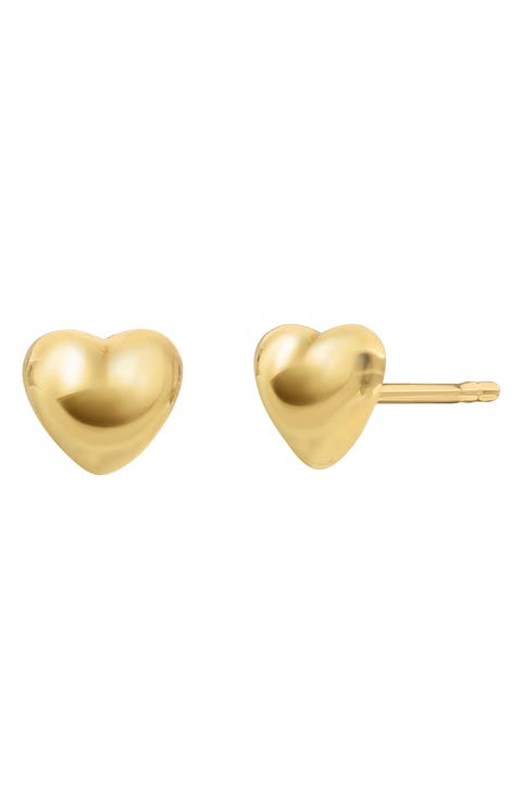 14K Yellow Gold Puffy Heart Stud Earrings