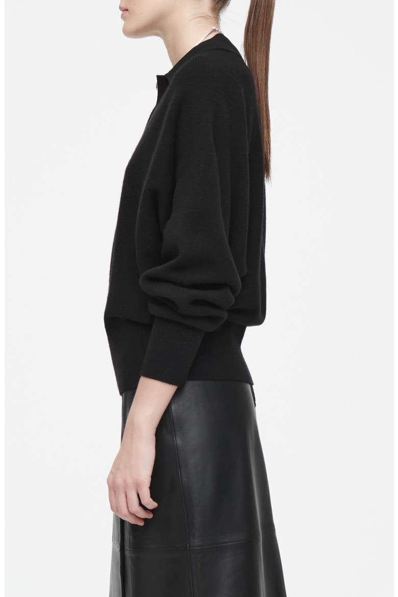 Blouson Long Sleeve Wool Polo Sweater, Alternate, color, BLACK DARK