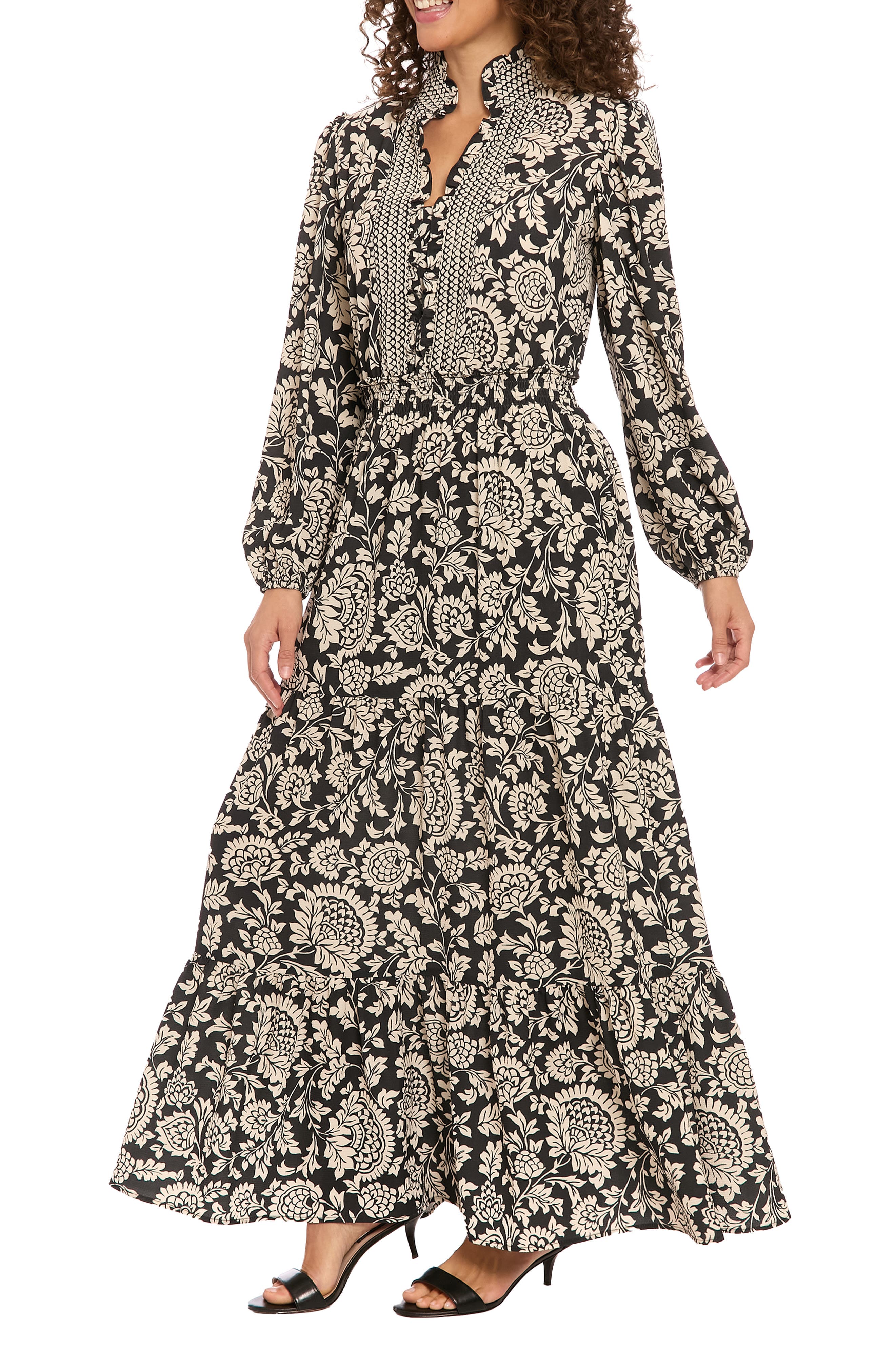 London Times Long Sleeve Bubble Crepe Tiered Maxi Dress (Women ...