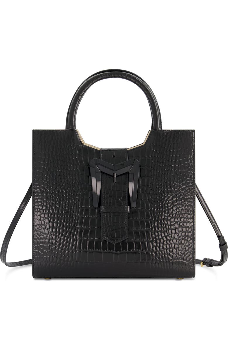 Mac Duggal Crocodile Leather Buckle Detail Medium Tote Bag, Main, color, Black