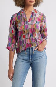 APNY Print Tassel Split Neck Chiffon Top