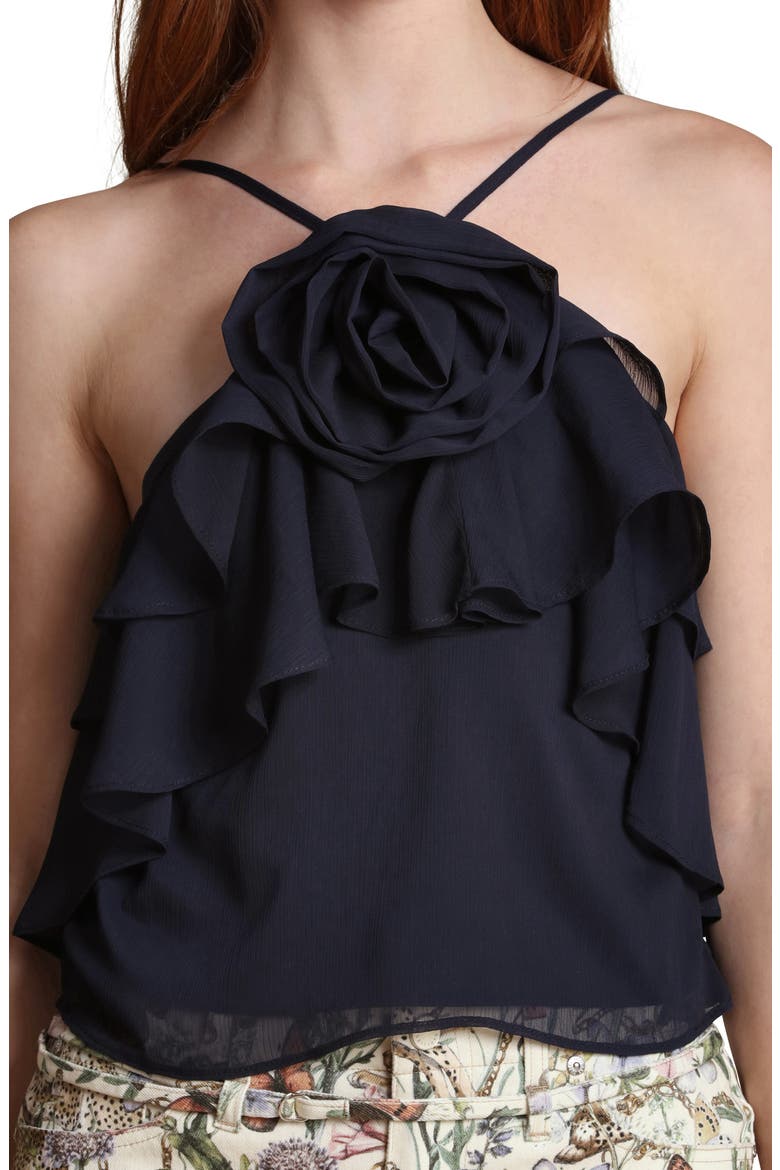 Rosette Ruffle Neck Halter Top, Alternate, color, DEEP NAVY
