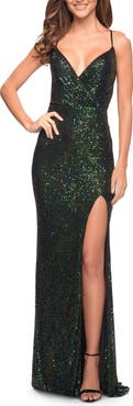 La Femme Long Sequin Gown with Wrap Style Top and Slit