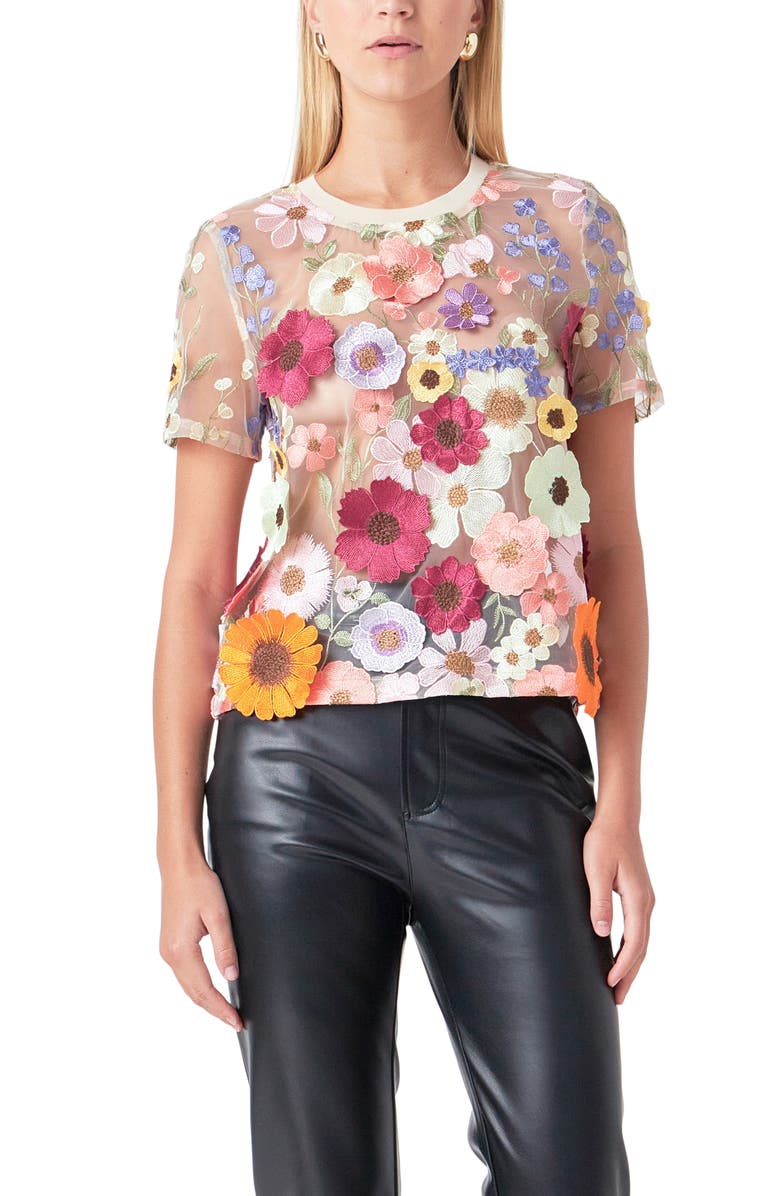 Endless Rose Floral Embroidered Appliqué Organza Top, Alternate, color, Light Beige