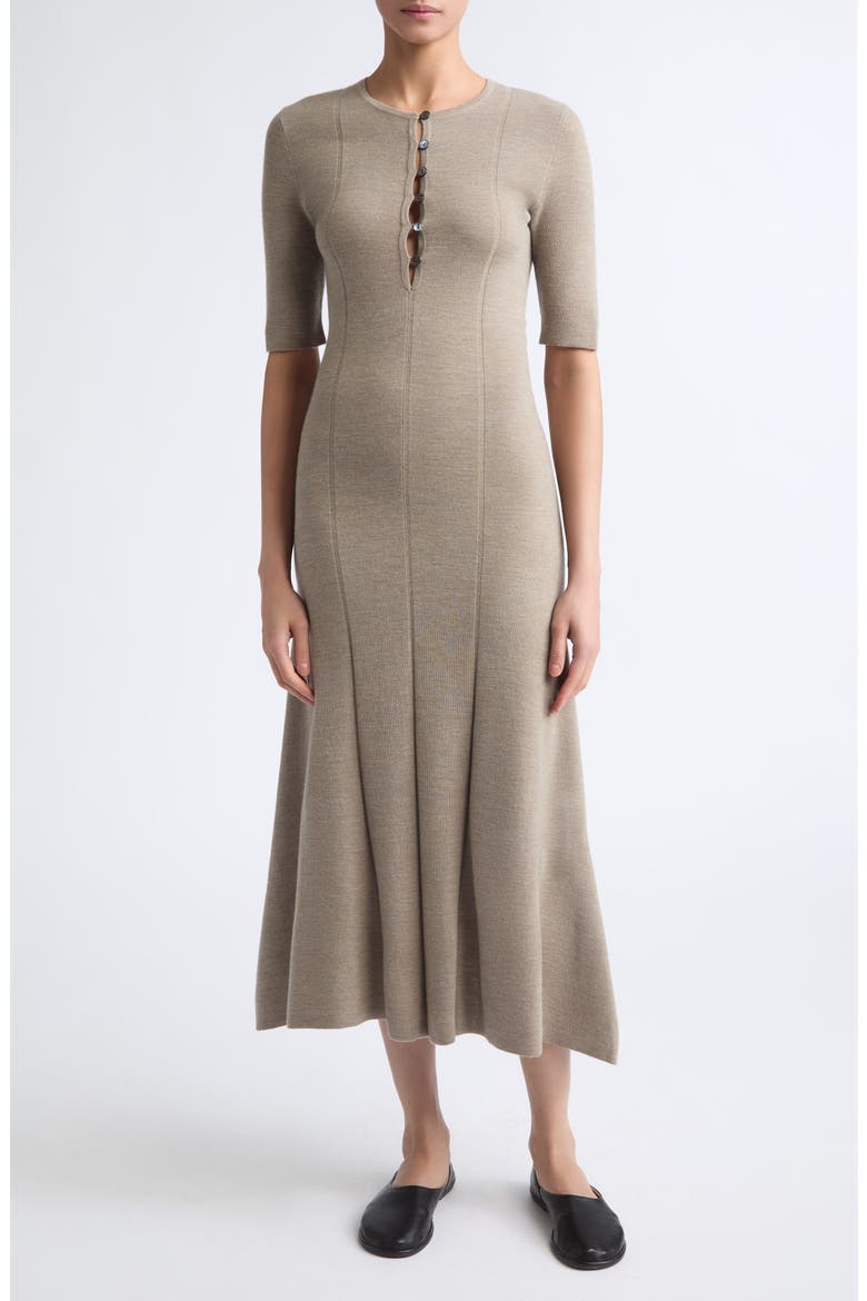 Shell Button Merino Wool Godet Dress, Main, color, HEATHER PEBBLE