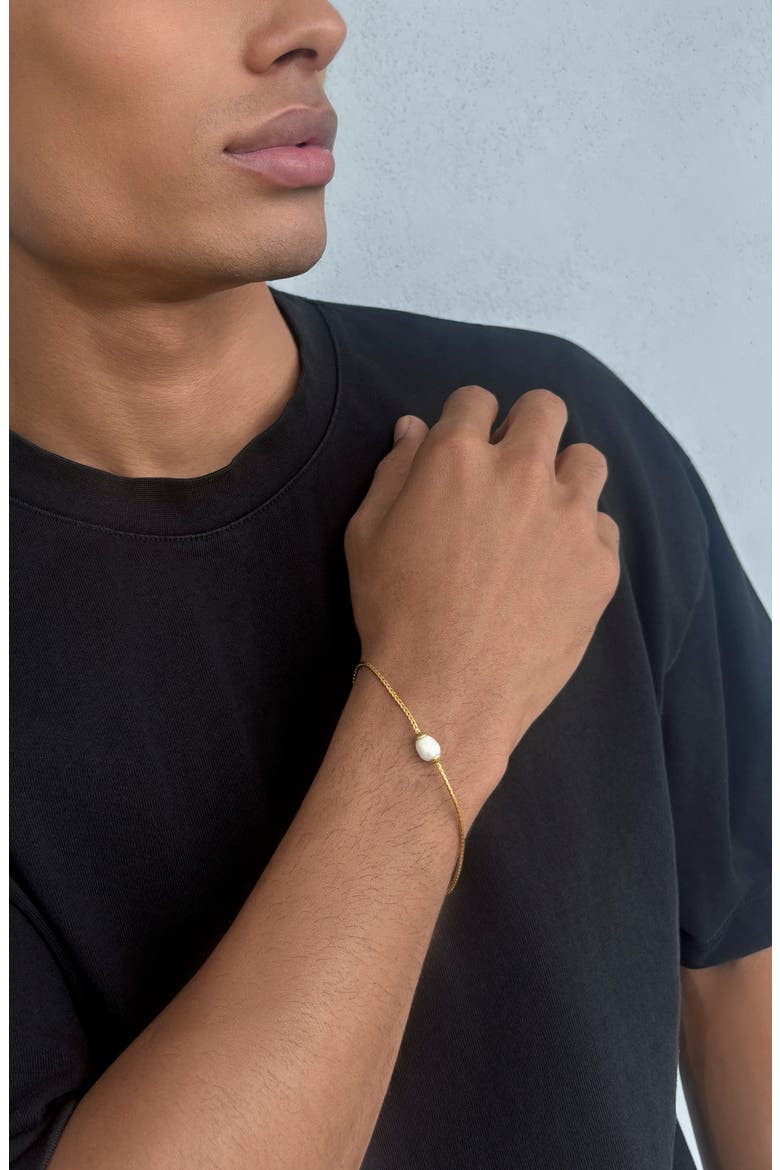 Men's Tarnish Resistant 18K Gold Plated Pearl Wheat Chain Bracelet, Alternate, color, WHITE/ GOLD