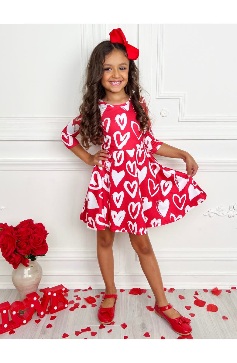 Mia Belle Girls Radiant Heart Twirly Long Sleeve Skater Dress, Alternate, color, Red