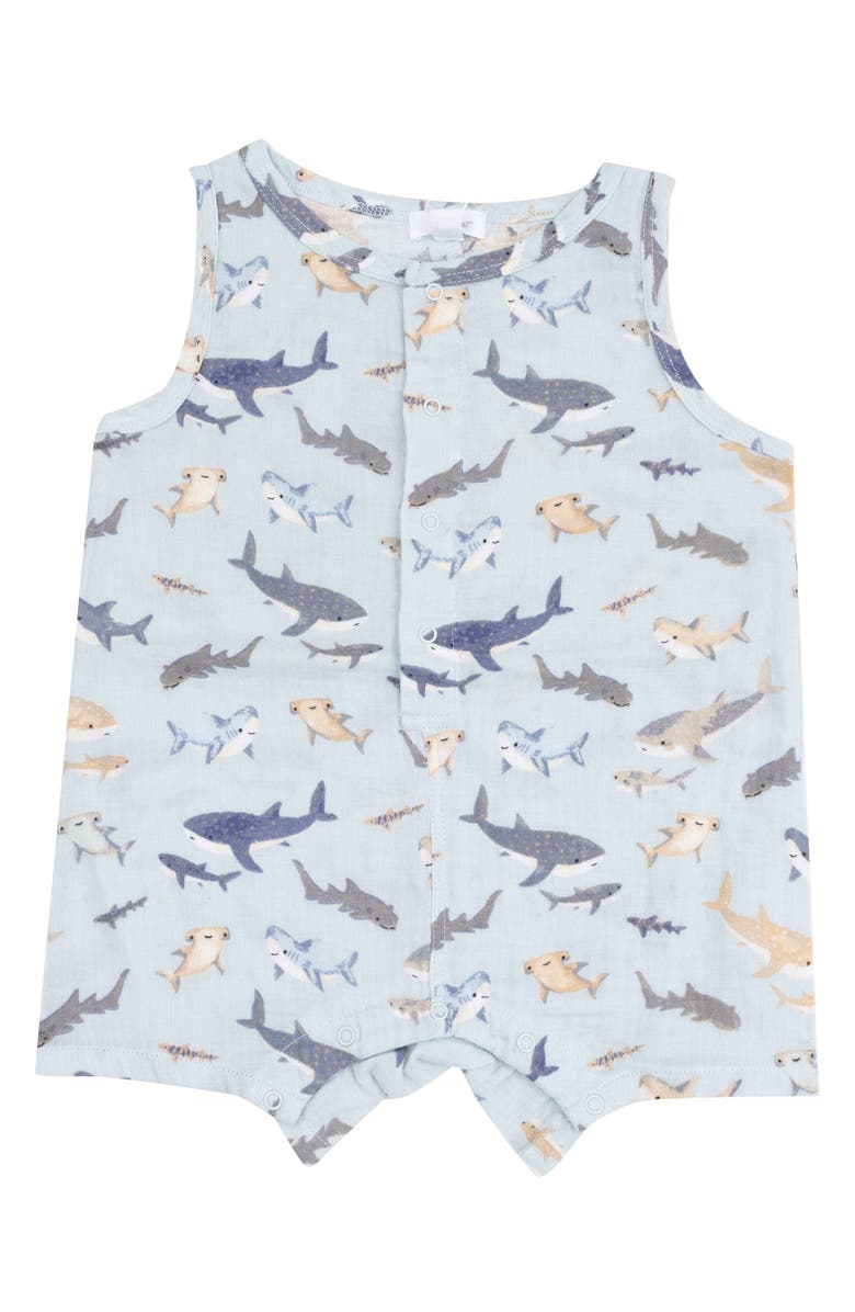 Angel Dear Shark Sleeveless Organic Cotton Romper, Main, color, 
