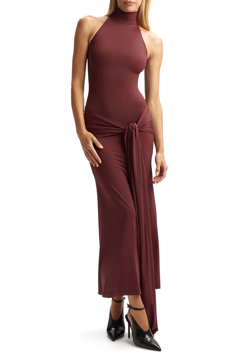 Isadora Mock Neck Tie Front Maxi Dress, Main, color, DEEP PLUM