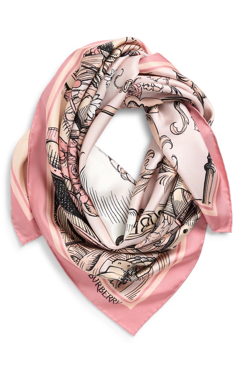 Burberry Etched Equestrian Knight Silk Square Scarf, Alternate, color, Quartz Pink