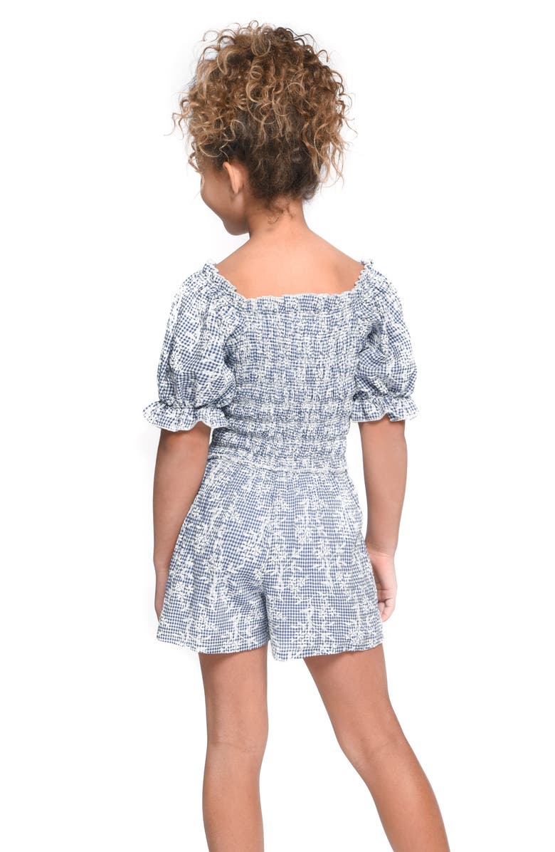 Hannah Banana Puff Sleeve Smocked Romper, Alternate, color, Blue Multi