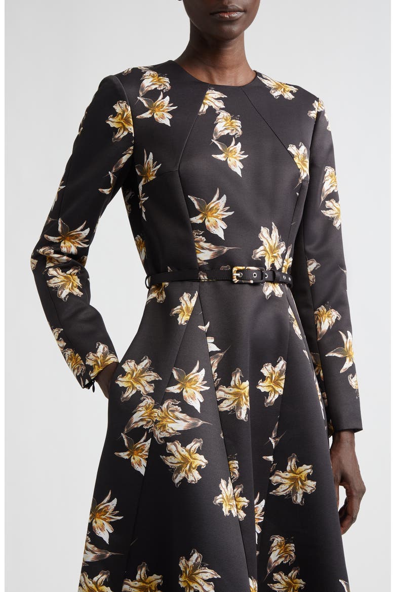 Uccelina Festive Lillies Long Sleeve Belted Fit & Flare Faille Midi Dress, Alternate, color, FESTIVE LILIES BLACK YELLOW